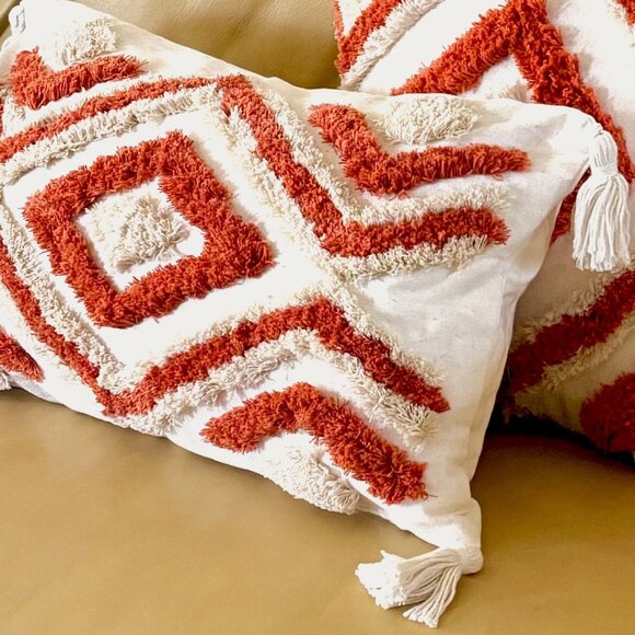 2 Sizes Burnt Orange Beige Boho Tufted Geometric Tassels Throw Pillow Cover New - Picture 8 of 9
